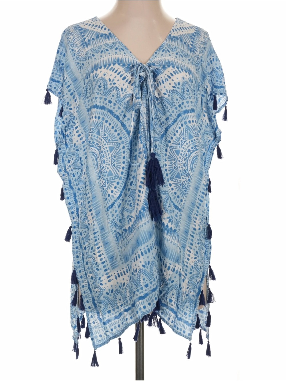 Surf Gypsy Blue and White Tassel Swim Coverup